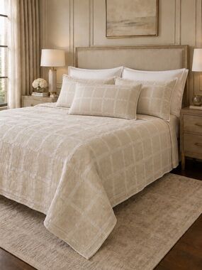 Windowpane Quilted Comforter Set in Beige - Elegant Neutral Bedding 3 shams soft